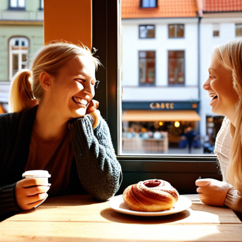 **

"A cozy Swedish 'fika' scene in a sunlit café. A woman with blonde hair is laughing with a friend, a 'kanelbulle' (cinnamon bun) and 'kaffe' are on the table between them. Soft, diffused light, warm colors. Focus on the feeling of 'mys' (coziness). Background: Stylized Stockholm street scene visible through the café window."

**