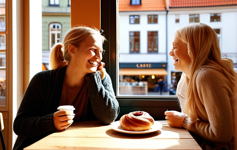 **
"A cozy Swedish 'fika' scene in a sunlit café. A woman with blonde hair is laughing with a friend, a 'kanelbulle' (cinnamon bun) and 'kaffe' are on the table between them. Soft, diffused light, warm colors. Focus on the feeling of 'mys' (coziness). Background: Stylized Stockholm street scene visible through the café window."
**
