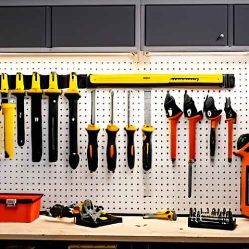 A well-organized workshop featuring various pneumatic tools hanging neatly on a wall, with a focus on the different types like impact wrenches, sanders, and drills. The scene is brightly lit, showcasing the tools' details and functionality, and perhaps with a Swedish "verktygslåda" (toolbox) visible.
