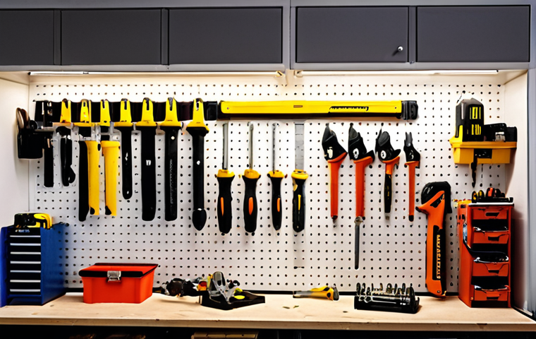 A well-organized workshop featuring various pneumatic tools hanging neatly on a wall, with a focus on the different types like impact wrenches, sanders, and drills. The scene is brightly lit, showcasing the tools' details and functionality, and perhaps with a Swedish "verktygslåda" (toolbox) visible.