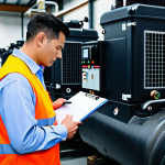 A skilled male technician, fully clothed in a professional work uniform, meticulously inspecting a large, modern industrial air compressor. He holds a clipboard and pen, making notes, with the compressor's gauges and pipes visible. The setting is a brightly lit, clean factory floor with organized machinery in the background. The atmosphere conveys diligence and proactive care. Perfect anatomy, correct proportions, natural pose, well-formed hands, proper finger count, professional photography, high detail, realistic, fully clothed, modest clothing, appropriate attire, professional dress, safe for work, appropriate content, professional.