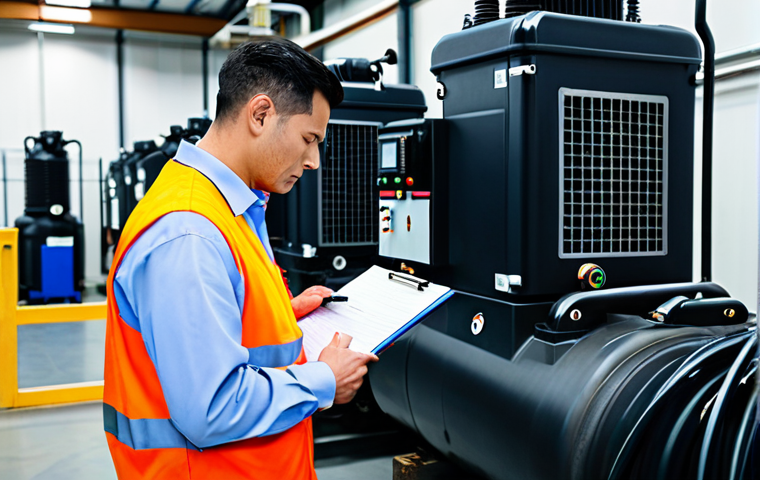 A skilled male technician, fully clothed in a professional work uniform, meticulously inspecting a large, modern industrial air compressor. He holds a clipboard and pen, making notes, with the compressor's gauges and pipes visible. The setting is a brightly lit, clean factory floor with organized machinery in the background. The atmosphere conveys diligence and proactive care. Perfect anatomy, correct proportions, natural pose, well-formed hands, proper finger count, professional photography, high detail, realistic, fully clothed, modest clothing, appropriate attire, professional dress, safe for work, appropriate content, professional.