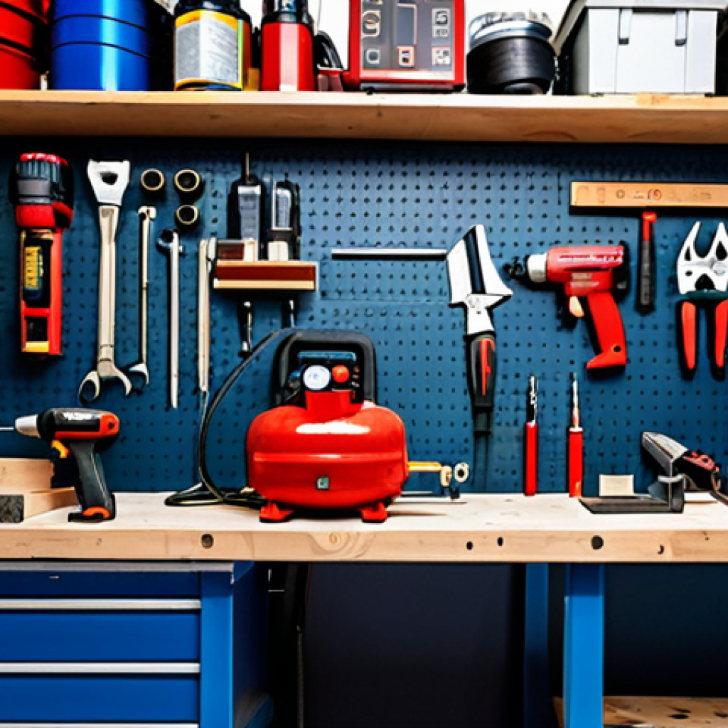 **

"A well-equipped home workshop in Sweden, featuring a red air compressor, various power tools neatly arranged on a workbench, and organized storage shelves. The setting shows organized DIY tools. safe for work, appropriate content, fully clothed, professional, modest. perfect anatomy, correct proportions, natural pose, well-formed hands, proper finger count, natural body proportions"

**