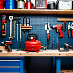 **

"A well-equipped home workshop in Sweden, featuring a red air compressor, various power tools neatly arranged on a workbench, and organized storage shelves. The setting shows organized DIY tools. safe for work, appropriate content, fully clothed, professional, modest. perfect anatomy, correct proportions, natural pose, well-formed hands, proper finger count, natural body proportions"

**
