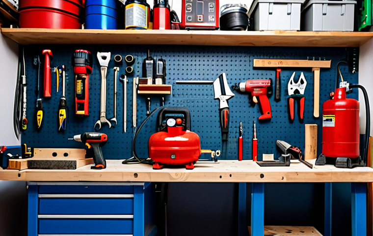**

"A well-equipped home workshop in Sweden, featuring a red air compressor, various power tools neatly arranged on a workbench, and organized storage shelves. The setting shows organized DIY tools. safe for work, appropriate content, fully clothed, professional, modest. perfect anatomy, correct proportions, natural pose, well-formed hands, proper finger count, natural body proportions"

**